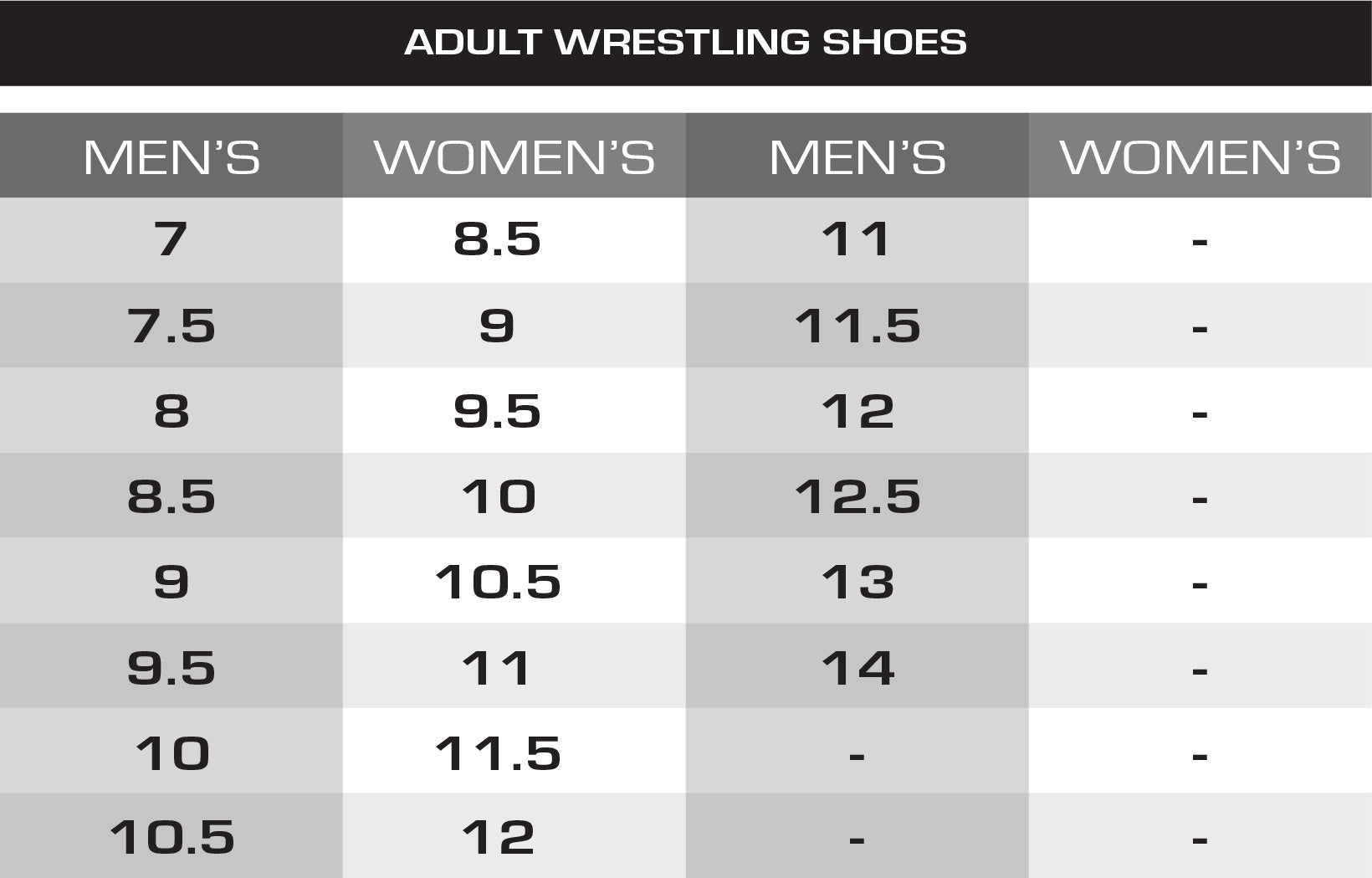 Wrestling shoe top sizes
